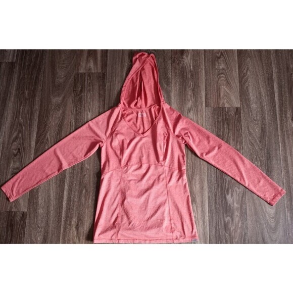 Womens EDDIE BAUER Size Small Athletic Hooded Running Shirt Pink White Stripes - Picture 11 of 11